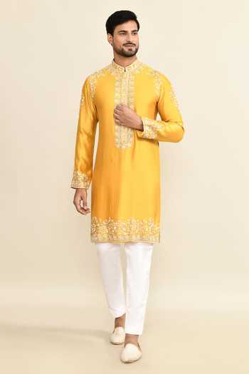 Shop_Kalighata_Yellow Chanderi Embroidery Floral Mustard Kurta Set _Online_at_Aza_Fashions