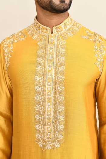 Kalighata_Yellow Chanderi Embroidery Floral Mustard Kurta Set _at_Aza_Fashions