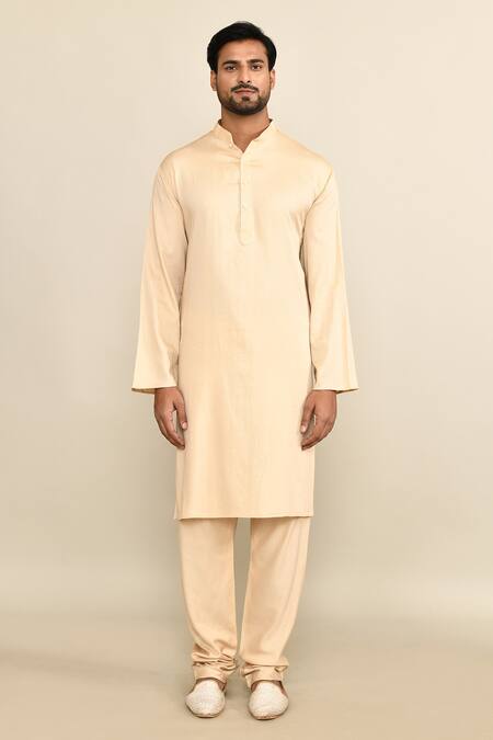 Buy_Kalighata_Beige Silk, Cotton Sequins, Cut Work Floral Embroidered Sherwani Set _Online_at_Aza_Fashions