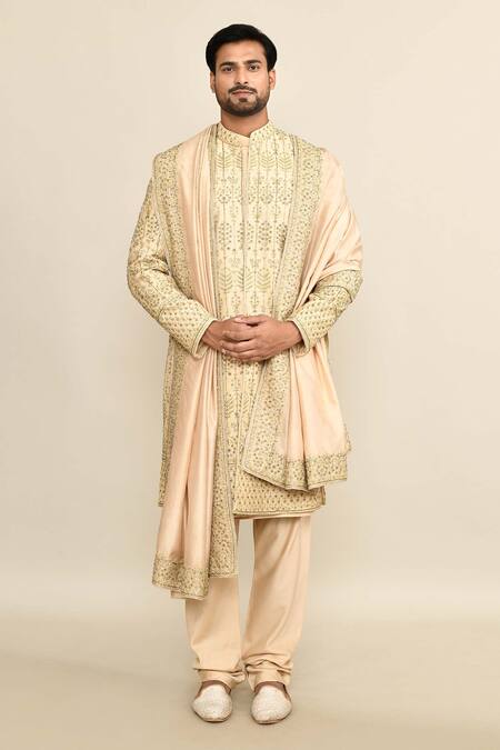 Shop_Kalighata_Beige Silk, Cotton Sequins, Cut Work Floral Embroidered Sherwani Set _Online_at_Aza_Fashions