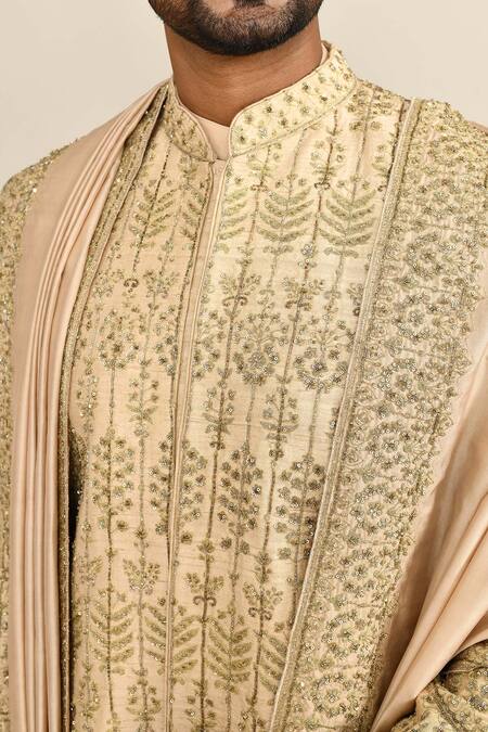Kalighata_Beige Silk, Cotton Sequins, Cut Work Floral Embroidered Sherwani Set _at_Aza_Fashions
