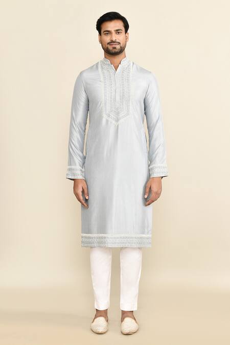 Kalighata_Blue Chanderi Embroidery Geometric Ice Kurta Set _Online_at_Aza_Fashions