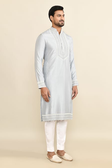 Buy_Kalighata_Blue Chanderi Embroidery Geometric Ice Kurta Set _Online_at_Aza_Fashions