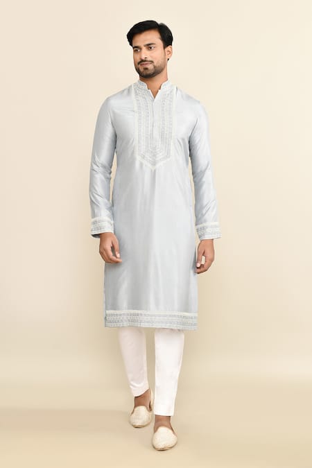 Shop_Kalighata_Blue Chanderi Embroidery Geometric Ice Kurta Set _Online_at_Aza_Fashions