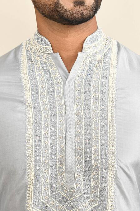 Kalighata_Blue Chanderi Embroidery Geometric Ice Kurta Set _at_Aza_Fashions