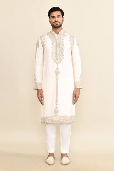 Kalighata_Ivory Chanderi Embroidery Floral Kurta Set _Online_at_Aza_Fashions