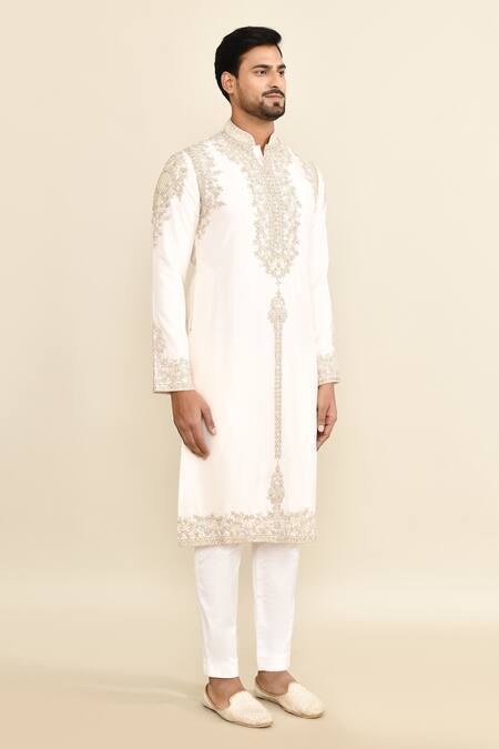 Buy_Kalighata_Ivory Chanderi Embroidery Floral Kurta Set _Online_at_Aza_Fashions