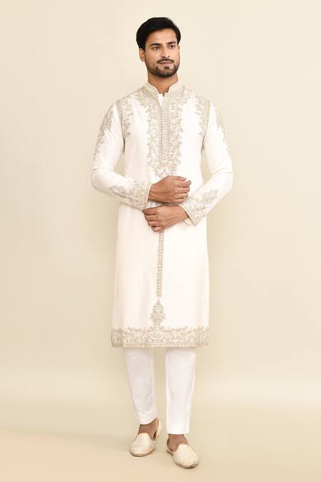 Shop_Kalighata_Ivory Chanderi Embroidery Floral Kurta Set _Online_at_Aza_Fashions