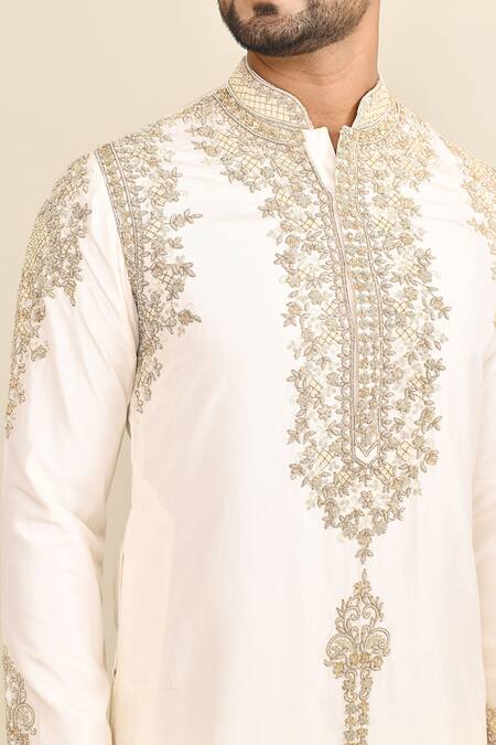 Kalighata_Ivory Chanderi Embroidery Floral Kurta Set _at_Aza_Fashions