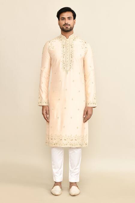 Buy_Kalighata_Gold Chanderi Embroidery Paisley Kurta Set _Online_at_Aza_Fashions