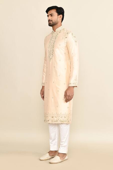 Shop_Kalighata_Gold Chanderi Embroidery Paisley Kurta Set _Online_at_Aza_Fashions