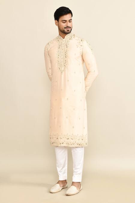 Kalighata_Gold Chanderi Embroidery Paisley Kurta Set _at_Aza_Fashions