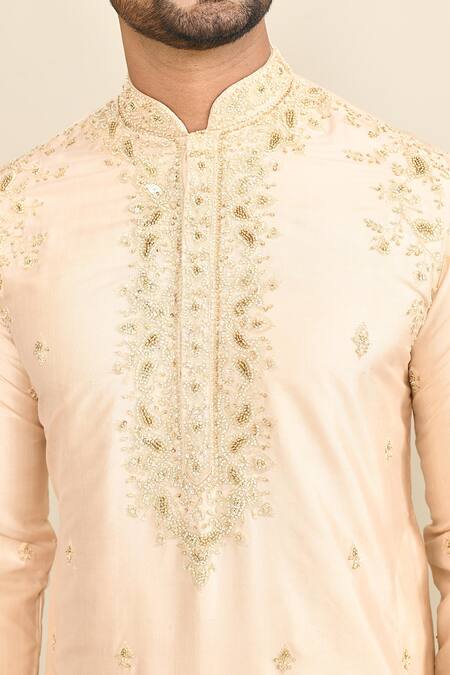 Buy_Kalighata_Gold Chanderi Embroidery Paisley Kurta Set 