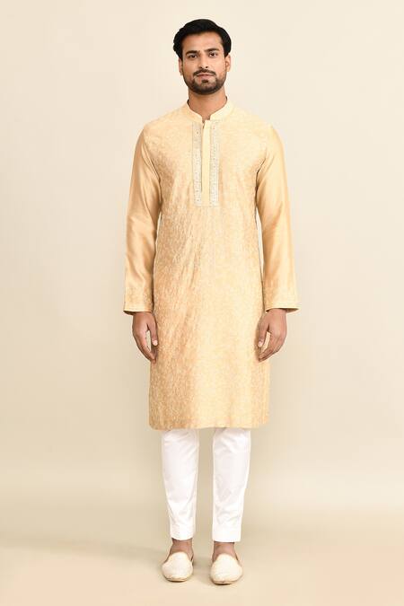 Buy_Kalighata_Beige Chanderi Embroidery Floral Kurta Set _Online_at_Aza_Fashions