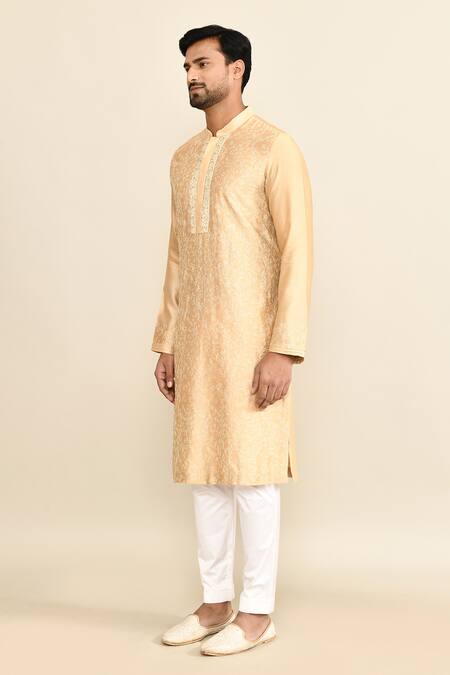 Shop_Kalighata_Beige Chanderi Embroidery Floral Kurta Set _Online_at_Aza_Fashions