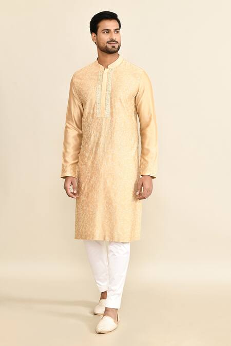 Kalighata_Beige Chanderi Embroidery Floral Kurta Set _at_Aza_Fashions