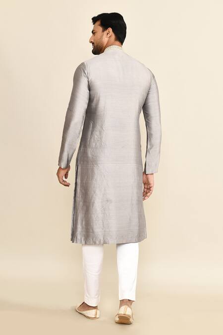 Shop_Kalighata_Gray Chanderi Sequins, Cut Work Floral Butti Embroidered Kurta Set _at_Aza_Fashions