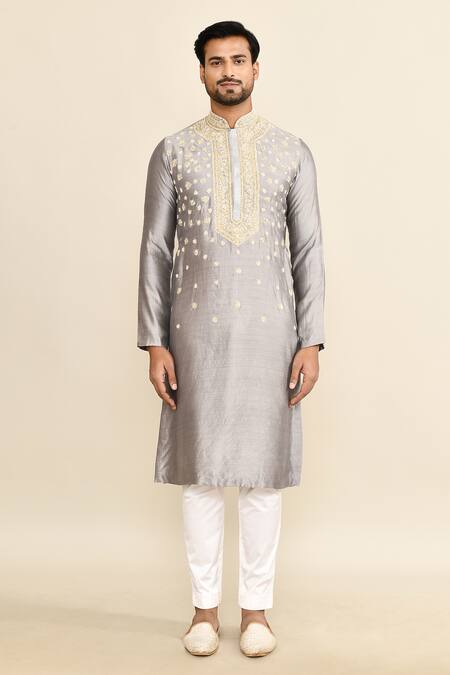 Buy_Kalighata_Gray Chanderi Sequins, Cut Work Floral Butti Embroidered Kurta Set _Online_at_Aza_Fashions