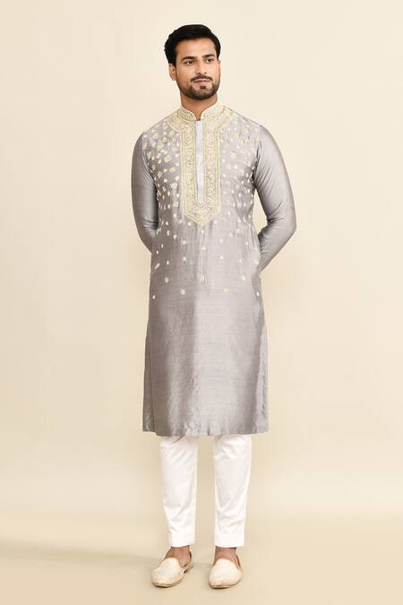 Shop_Kalighata_Gray Chanderi Sequins, Cut Work Floral Butti Embroidered Kurta Set _Online_at_Aza_Fashions