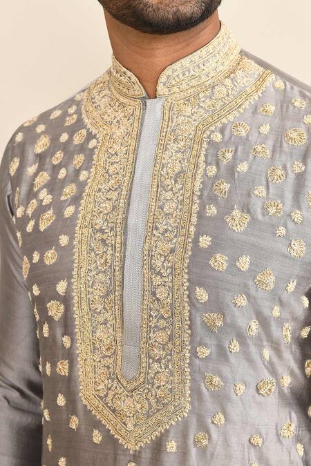 Kalighata_Gray Chanderi Sequins, Cut Work Floral Butti Embroidered Kurta Set _at_Aza_Fashions