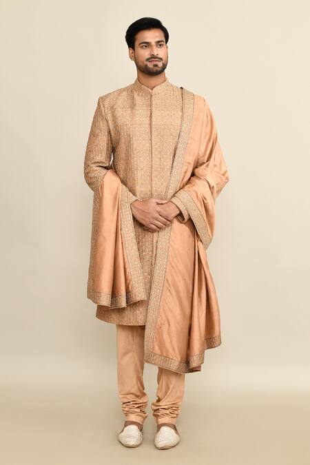 Buy_Kalighata_Gold Silk Cut Work, Sequins Geometric Jaal Embroidered Sherwani Set _Online_at_Aza_Fashions