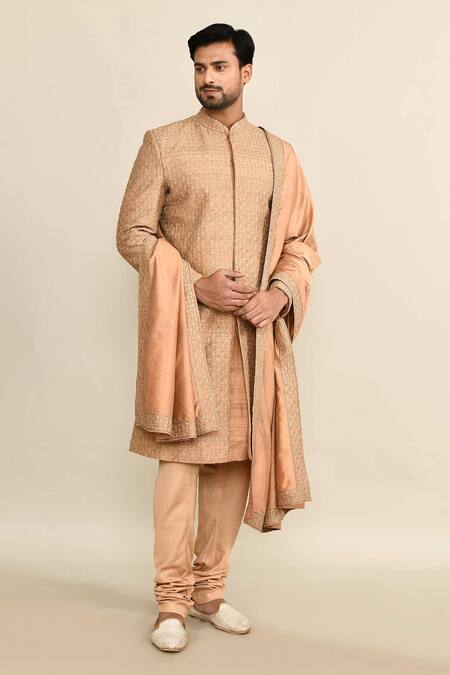 Shop_Kalighata_Gold Silk Cut Work, Sequins Geometric Jaal Embroidered Sherwani Set _Online_at_Aza_Fashions