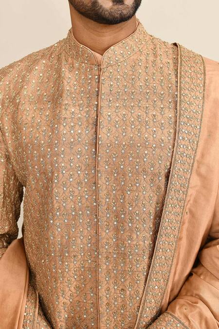 Kalighata_Gold Silk Cut Work, Sequins Geometric Jaal Embroidered Sherwani Set _at_Aza_Fashions