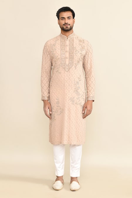 Buy_Kalighata_Pink Chanderi, Cotton Sequins, Cut Work Floral Jaal Embroidered Kurta Set _Online_at_Aza_Fashions