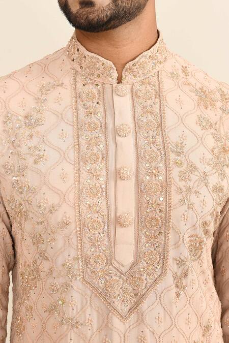 Kalighata_Pink Chanderi, Cotton Sequins, Cut Work Floral Jaal Embroidered Kurta Set _at_Aza_Fashions