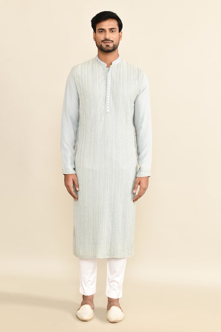 Buy_Kalighata_Blue Chanderi Cut Work Lucknowi Embroidered Kurta Set _Online_at_Aza_Fashions