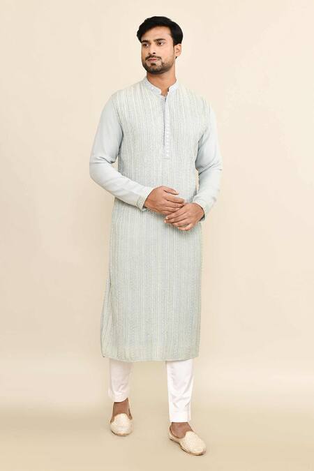 Shop_Kalighata_Blue Chanderi Cut Work Lucknowi Embroidered Kurta Set _Online_at_Aza_Fashions