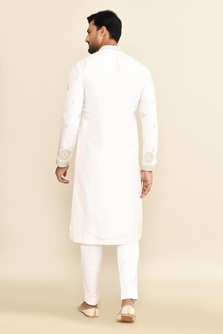 Shop_Kalighata_Ivory Chanderi Cut Work, Sequins Embroidered Kurta And Pant Set _at_Aza_Fashions