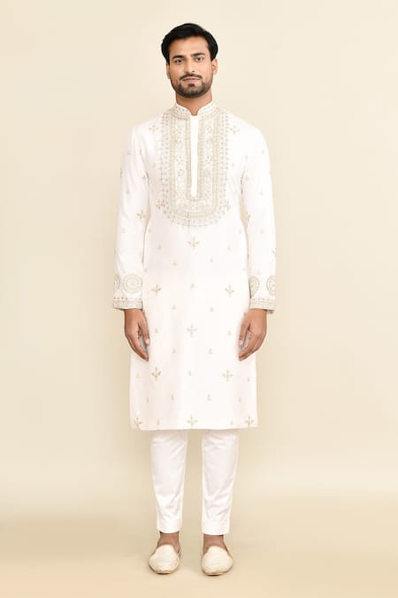 Buy_Kalighata_Ivory Chanderi Cut Work, Sequins Embroidered Kurta And Pant Set _Online_at_Aza_Fashions