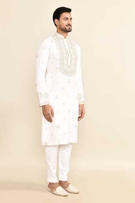 Shop_Kalighata_Ivory Chanderi Cut Work, Sequins Embroidered Kurta And Pant Set _Online_at_Aza_Fashions