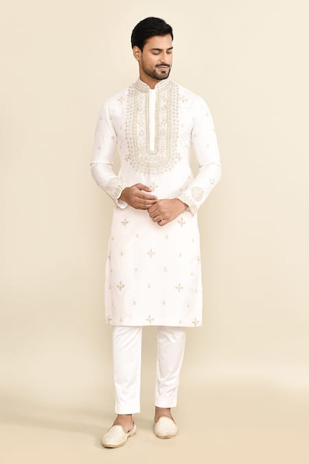 Kalighata_Ivory Chanderi Cut Work, Sequins Embroidered Kurta And Pant Set _at_Aza_Fashions
