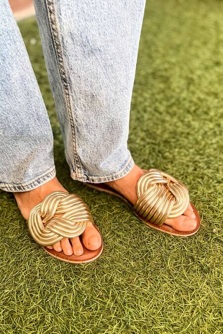 Shop_Modanta Footwear_Gold Infinity Strap Flats _Online_at_Aza_Fashions