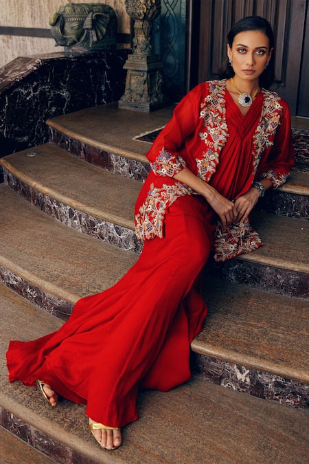 Buy_Khushboo Bagri_Red Silk Organza, Satin Sequins, Pearls Zardozi Embroidered Jacket And Pant Set _Online_at_Aza_Fashions