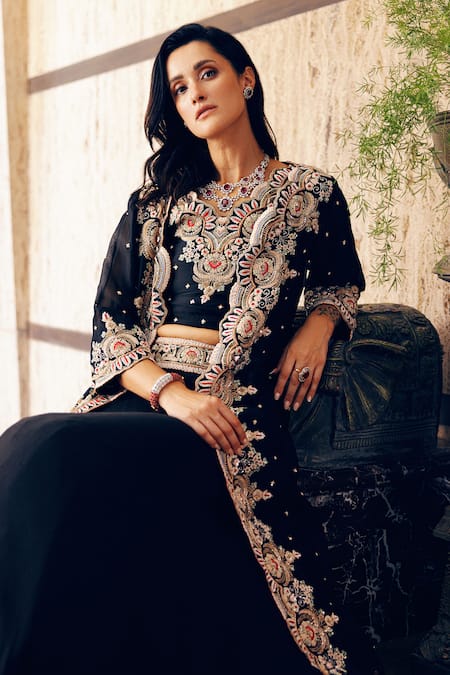 Khushboo Bagri_Black Organza, Satin, Taffeta Sequins, Floral Zardozi Cape And Lehenga Set _Online_at_Aza_Fashions