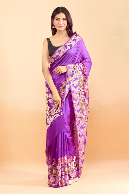 Shop_Samyukta Singhania_Purple Silk Embroidery Round Neck Floral Paisley Woven Saree With Blouse _Online_at_Aza_Fashions