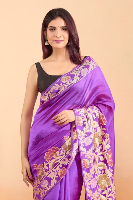 Samyukta Singhania_Purple Silk Embroidery Round Neck Floral Paisley Woven Saree With Blouse _at_Aza_Fashions