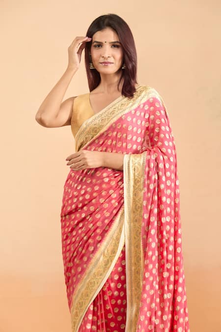 Buy_Samyukta Singhania_Peach Chiffon, Cotton, Georgette Floral Woven Butta Saree With Blouse _Online_at_Aza_Fashions