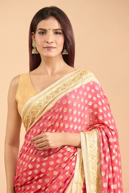 Shop_Samyukta Singhania_Peach Chiffon, Cotton, Georgette Floral Woven Butta Saree With Blouse _Online_at_Aza_Fashions