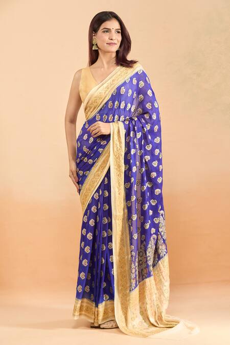 Buy_Samyukta Singhania_Blue Chiffon, Cotton, Georgette Embroidery Woven Paisley Contrast Hem Saree _Online_at_Aza_Fashions
