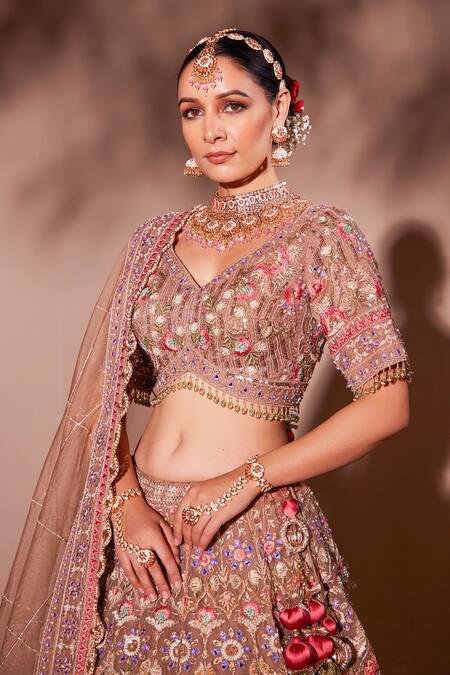 Shop Chaashni By Maansi And Ketan Beige Organza, Net Beads, Tassels, Pearls, Embroidered Work Bridal Lehenga Set Shop_Chaashni By Maansi And Ketan_Beige Organza, Net Beads, Tassels, Pearls, Embroidered Work Bridal Lehenga Set