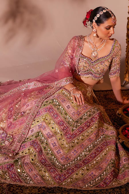 Shop_Chaashni By Maansi And Ketan_Multi Color Organza, Net Embroidery, Beads, Geometric Pattern Lehenga Set 