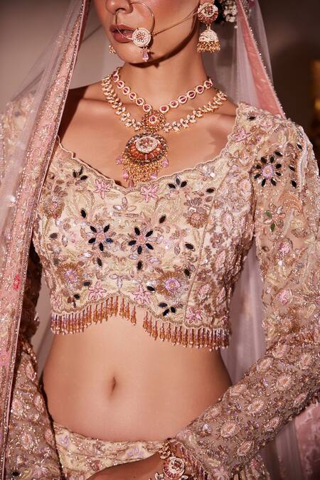 Buy Chaashni By Maansi And Ketan Ivory Organza, Net Pearls, Sequins, Mirrors Scoop Embroidered Bridal Lehenga Set Buy_Chaashni By Maansi And Ketan_Ivory Organza, Net Pearls, Sequins, Mirrors Scoop Embroidered Bridal Lehenga Set