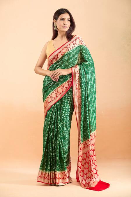 Shop_Samyukta Singhania_Green Chiffon, Cotton, Georgette Embroidery Woven Leaf Motif Saree With Blouse _Online_at_Aza_Fashions