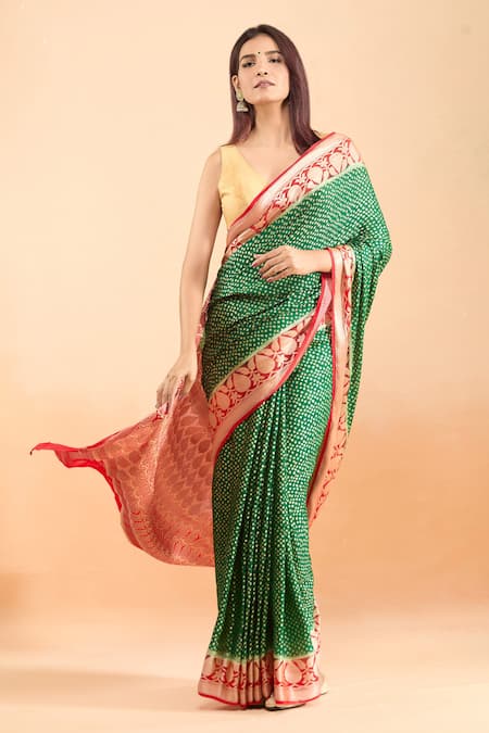 Samyukta Singhania_Green Chiffon, Cotton, Georgette Embroidery Woven Leaf Motif Saree With Blouse _at_Aza_Fashions