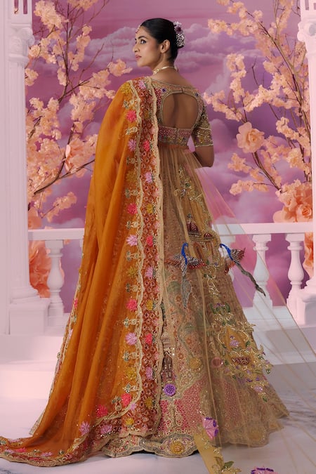 Label Ankush Jain Embroidered 3D Orange Bridal Lehenga Set 
