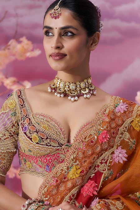 Buy_Label Ankush Jain_Orange Organza Pearls, Sequins, Beads Embroidered 3d Bridal Lehenga Set _Online_at_Aza_Fashions